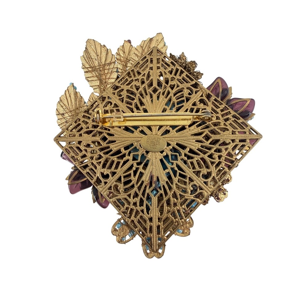 Stanley Hagler NYC Vintage Beaded Floral Brooch Turquoise Purple Gold Filigree - Picture 5 of 6